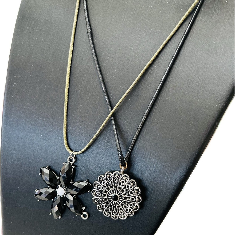 Set of TWO Elegant Vintage Style Floral Flower Design Pendant & Cord Necklaces